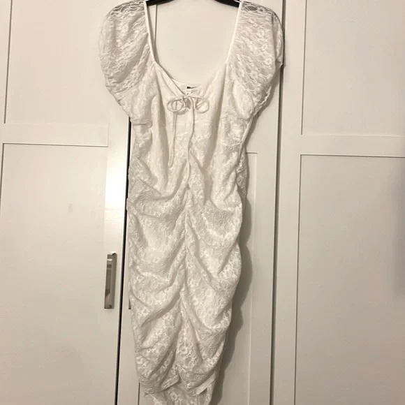 Ruched Lace Minidress In Ivory - Picture 2 of 8